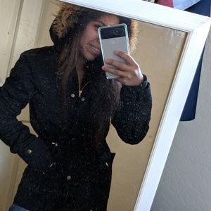 Black label coat with fur hoodie